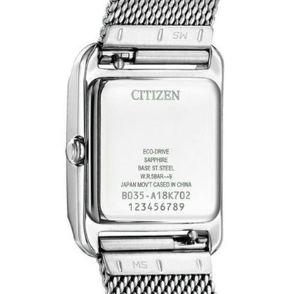 Citizen EW5590-62A ladies wristwatch with white square dial, silver stainless steel mesh band, and stainless steel case