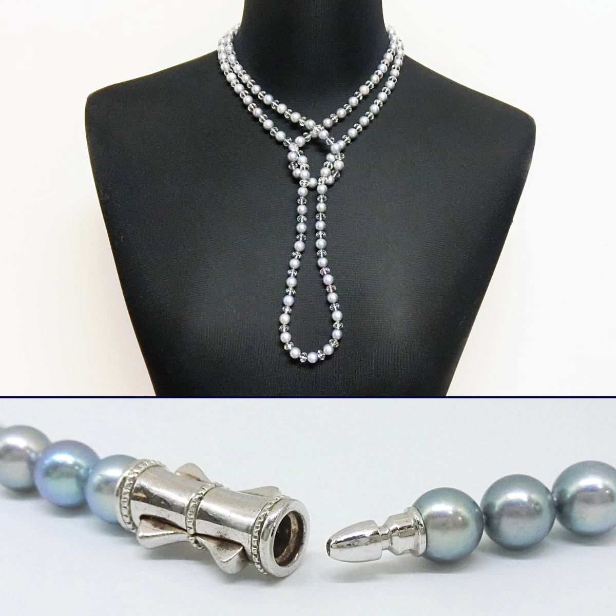 Tasaki Valleii long necklace with 7mm Akoya gray pearl, Swarovski crystals, and silver clasp
