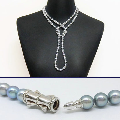 Tasaki Valleii long necklace with 7mm Akoya gray pearl, Swarovski crystals, and silver clasp