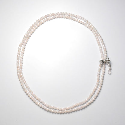 Akoya cultured pearl necklace 3.5-4mm with briolette rose quartz and ribbon clasp on an 80 cm strand