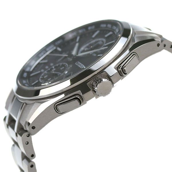 Citizen Attesa AT8040-57E watch with black dial and silver titanium band on a white background