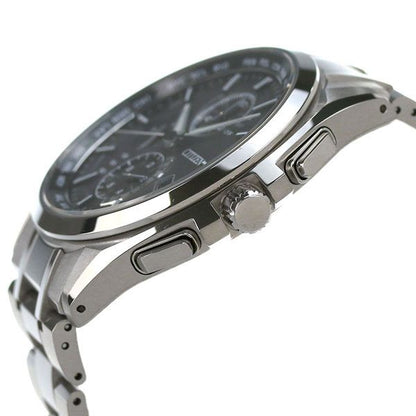 Citizen Attesa AT8040-57E watch with black dial and silver titanium band on a white background