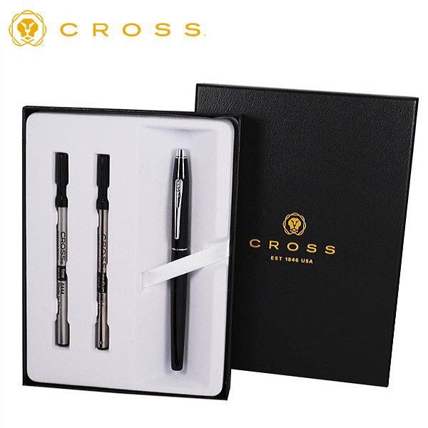 Limited Quantity Cross Gift Set rollerball pen with black lacquer finish and brass chrome clip, capped and uncapped views