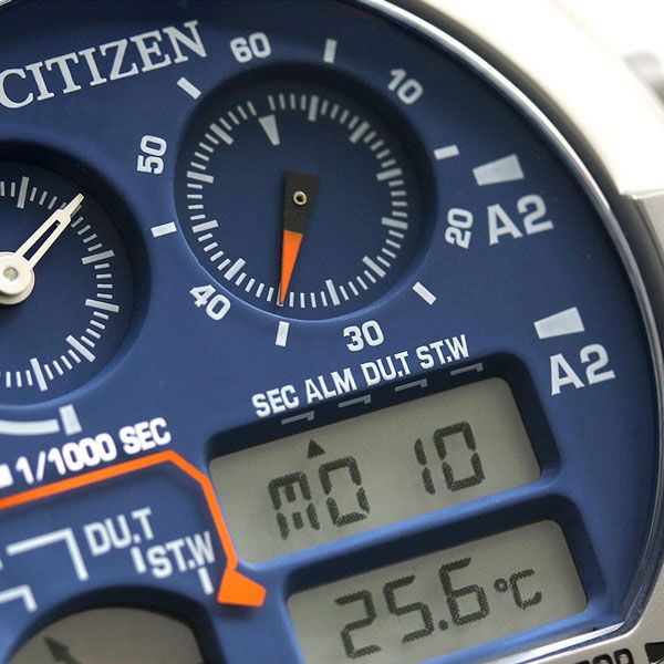 Citizen Ana-Digi Temp 44mm watch with blue dial, black urethane band, stainless steel case, and LCD display