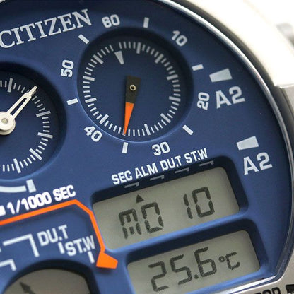 Citizen Ana-Digi Temp 44mm watch with blue dial, black urethane band, stainless steel case, and LCD display