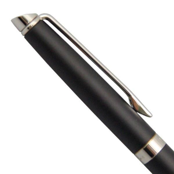 Waterman Metropolitan Essential Matte Black ballpoint pen angled showing matte finish and clip