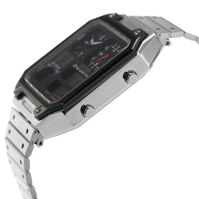 Citizen JG2126-69E men's wristwatch with black LCD dial, stainless steel jet black case, and silver sliding band