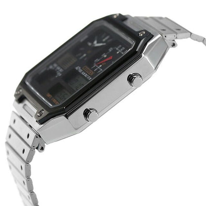 Citizen JG2126-69E men's wristwatch with black LCD dial, stainless steel jet black case, and silver sliding band
