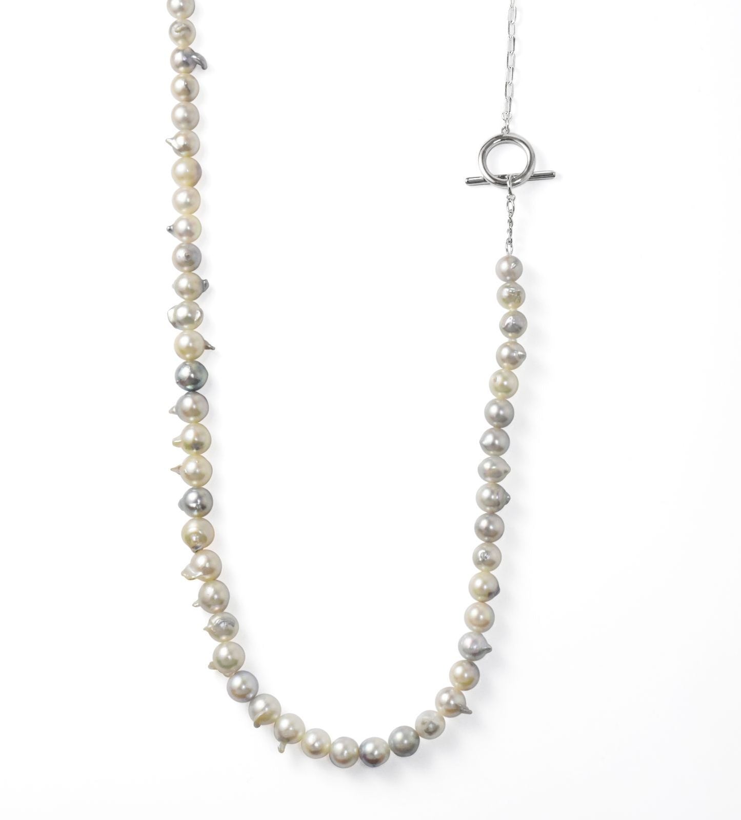 Akoya true pearl necklace with mixed color 6-8mm pearls and silver chain semi-long design