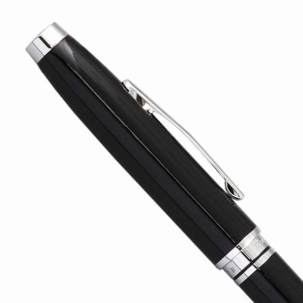 Cross Coventry NAT0662-6 black lacquer ballpoint pen with silver accents, closed and open views
