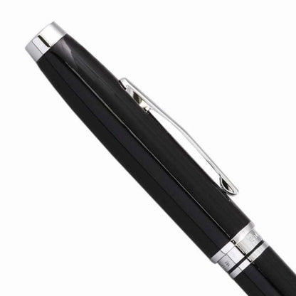 Cross Coventry NAT0662-6 black lacquer ballpoint pen with silver accents, closed and open views