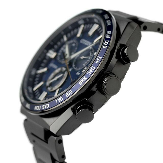 Citizen ATTESA CB5967-66L watch with dark blue dial, black super titanium band, and aluminum dark blue bezel