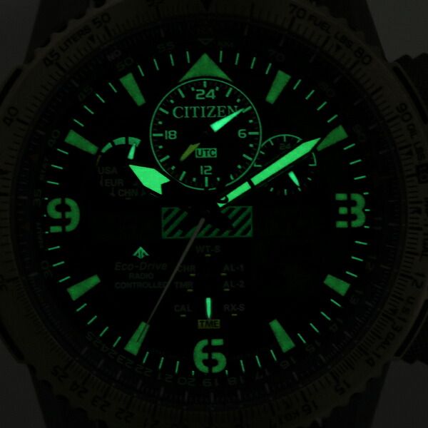Citizen PROMASTER SKY Eco-Drive radio controlled watch JY8074-11X with beige nylon band and green liquid crystal dial
