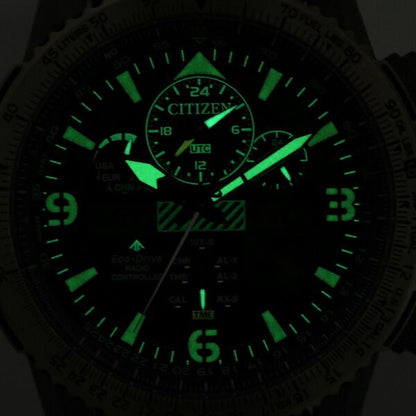 Citizen PROMASTER SKY Eco-Drive radio controlled watch JY8074-11X with beige nylon band and green liquid crystal dial