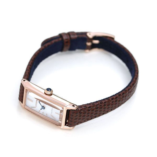 Citizen Ladies Kii Eco-Drive watch EG7044-06A with silver dial, pink gold stainless steel case, and brown calf leather band
