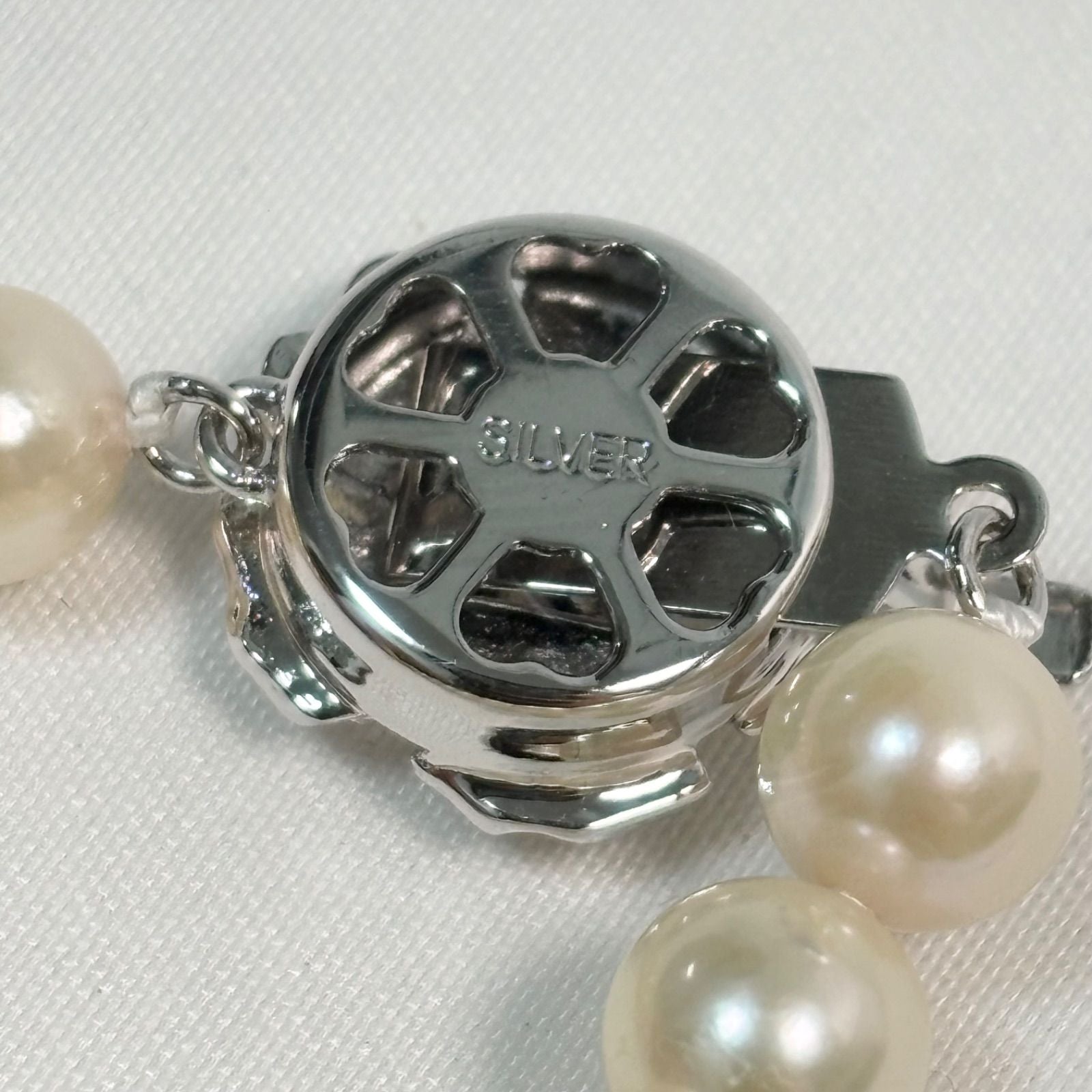 Akoya pearl long necklace with silver flower pendant, white pearls 6.5 to 7 mm, 82 cm length