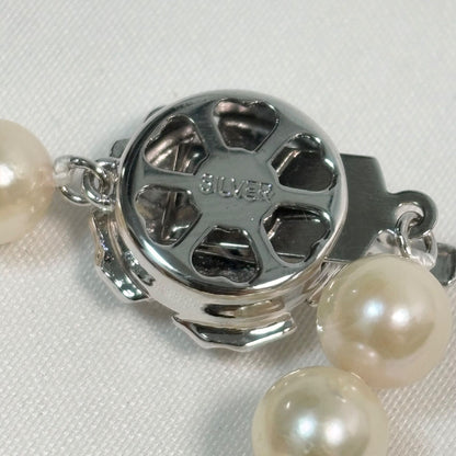 Akoya pearl long necklace with silver flower pendant, white pearls 6.5 to 7 mm, 82 cm length