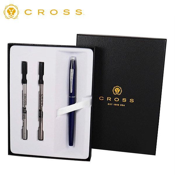 Limited Edition Cross gift set featuring rotary ball pen and water-based pen in translucent blue lacquer with brass chrome clip