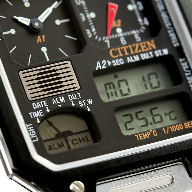 Citizen JG2126-69E men's wristwatch with black LCD dial, stainless steel jet black case, and silver sliding band