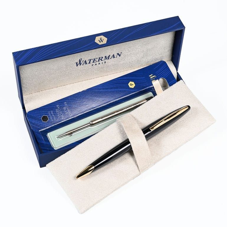 Waterman Carene black and gold ballpoint pen with twist mechanism and refill tips in genuine box