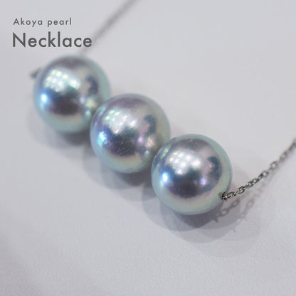 8.5-9mm natural round Akoya pearl pendant on 3-strand K18 white gold necklace with agate chain