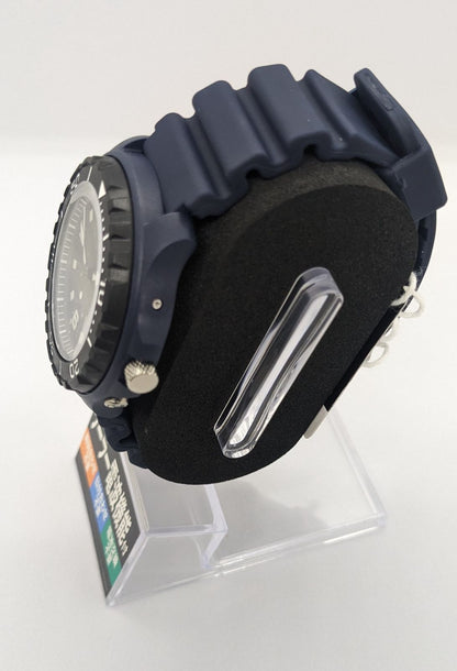 Citizen Q&Q analog solar radio wave watch with blue urethane band and stainless steel back cover