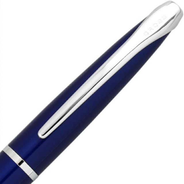 CROSS ATX 882-37 ballpoint pen with translucent blue lacquer and chrome accents, 139 mm length