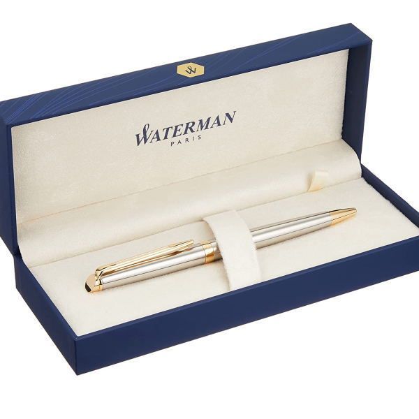Waterman Metropolitan Essential oil-based ballpoint pen with stainless steel body and gold-plated clip on white background