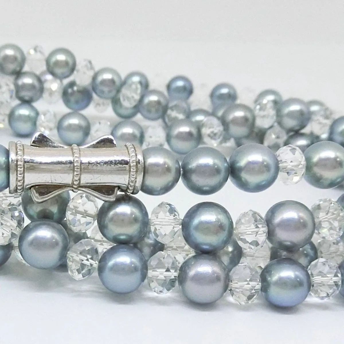 Tasaki Valleii long necklace with 7mm Akoya gray pearl, Swarovski crystals, and silver clasp