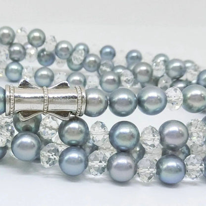 Tasaki Valleii long necklace with 7mm Akoya gray pearl, Swarovski crystals, and silver clasp