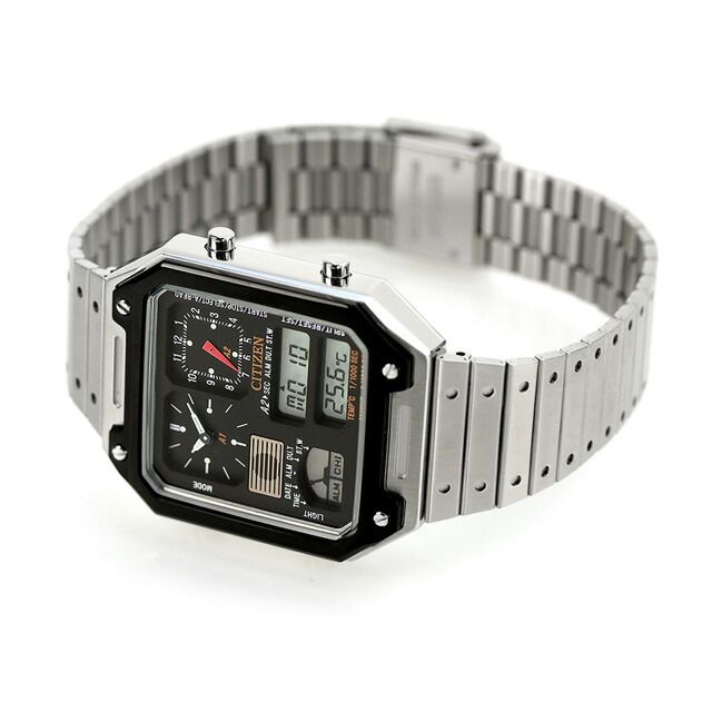 Citizen JG2126-69E men's wristwatch with black LCD dial, stainless steel jet black case, and silver sliding band