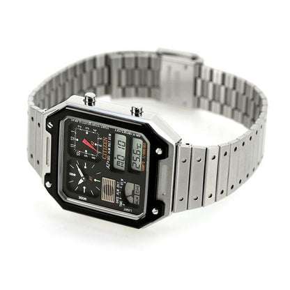 Citizen JG2126-69E men's wristwatch with black LCD dial, stainless steel jet black case, and silver sliding band