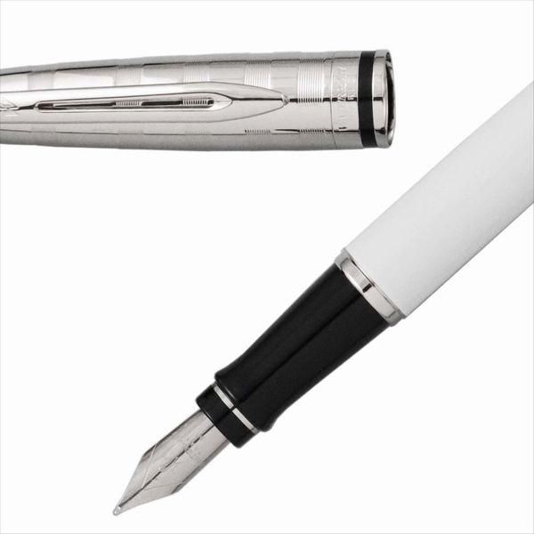 WATERMAN Expert DX White CT Fountain Pen with fine nib and silver trim, 153mm length, shown uncapped