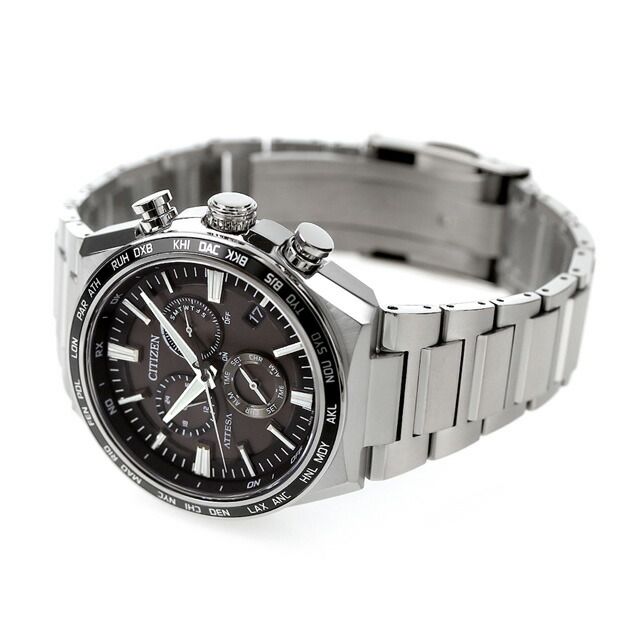 Citizen Attesa Eco-Drive radio-controlled watch with black dial and silver super titanium band