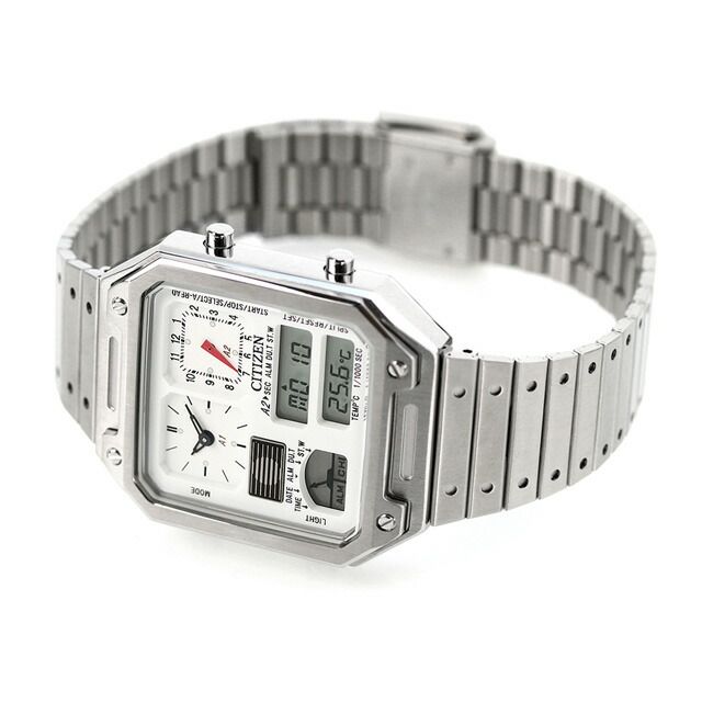 Citizen JG2120-65A men's wristwatch with white liquid crystal dial and silver stainless steel sliding band