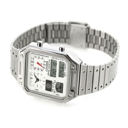 Citizen JG2120-65A men's wristwatch with white liquid crystal dial and silver stainless steel sliding band