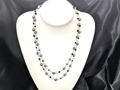 Akoya pearl blue black and onyx station long necklace with 7-7.5mm pearls, 120cm length, brass crab hook clasp