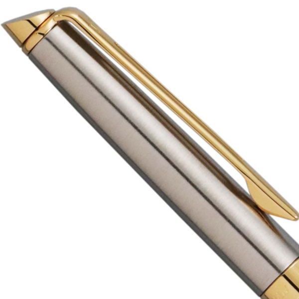 Waterman Metropolitan Essential oil-based ballpoint pen with stainless steel body and gold-plated clip on white background