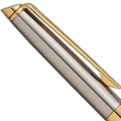 Waterman Metropolitan Essential oil-based ballpoint pen with stainless steel body and gold-plated clip on white background