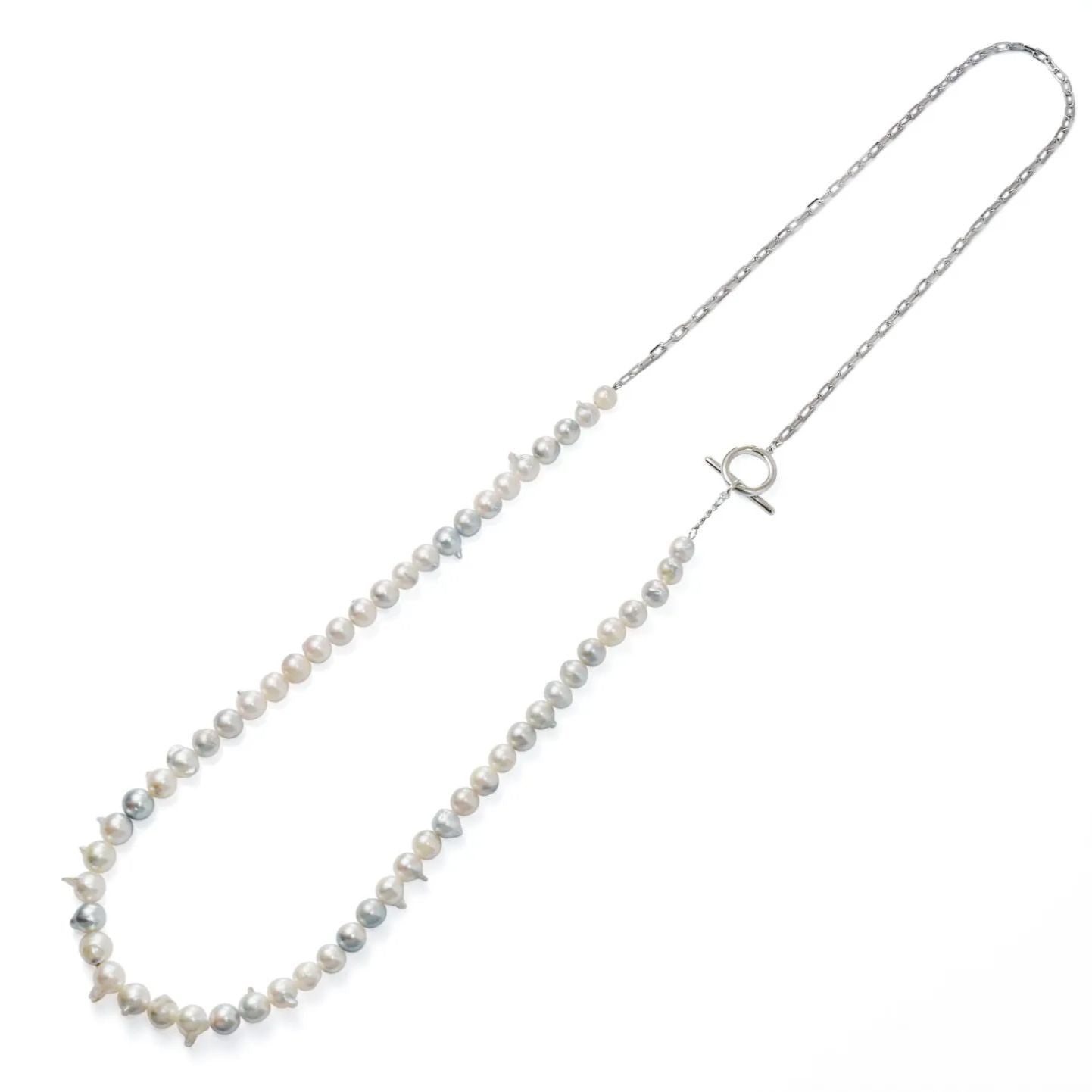 Akoya true pearl necklace with mixed color 6-8mm pearls and silver chain semi-long design