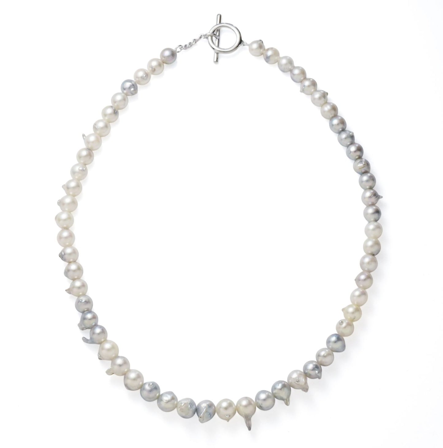 Akoya pearl baroque necklace featuring natural color pearls sized 6-8mm on a 42cm chain with rhodium-plated clasp