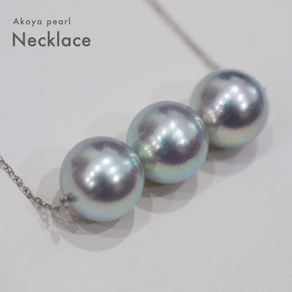 8.5-9mm natural round Akoya pearl pendant on 3-strand K18 white gold necklace with agate chain