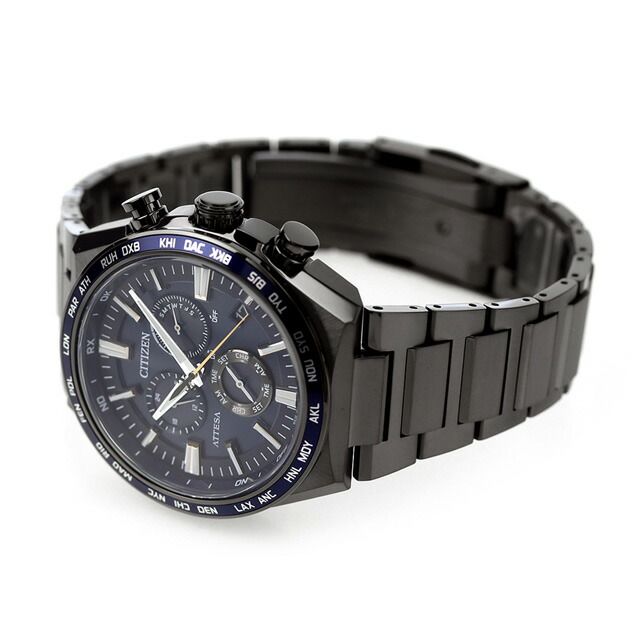 Citizen ATTESA CB5967-66L watch with dark blue dial, black super titanium band, and aluminum dark blue bezel