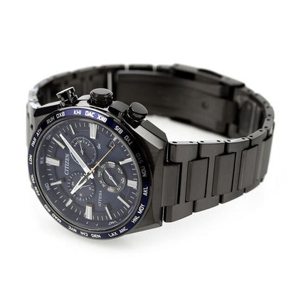 Citizen ATTESA CB5967-66L watch with dark blue dial, black super titanium band, and aluminum dark blue bezel