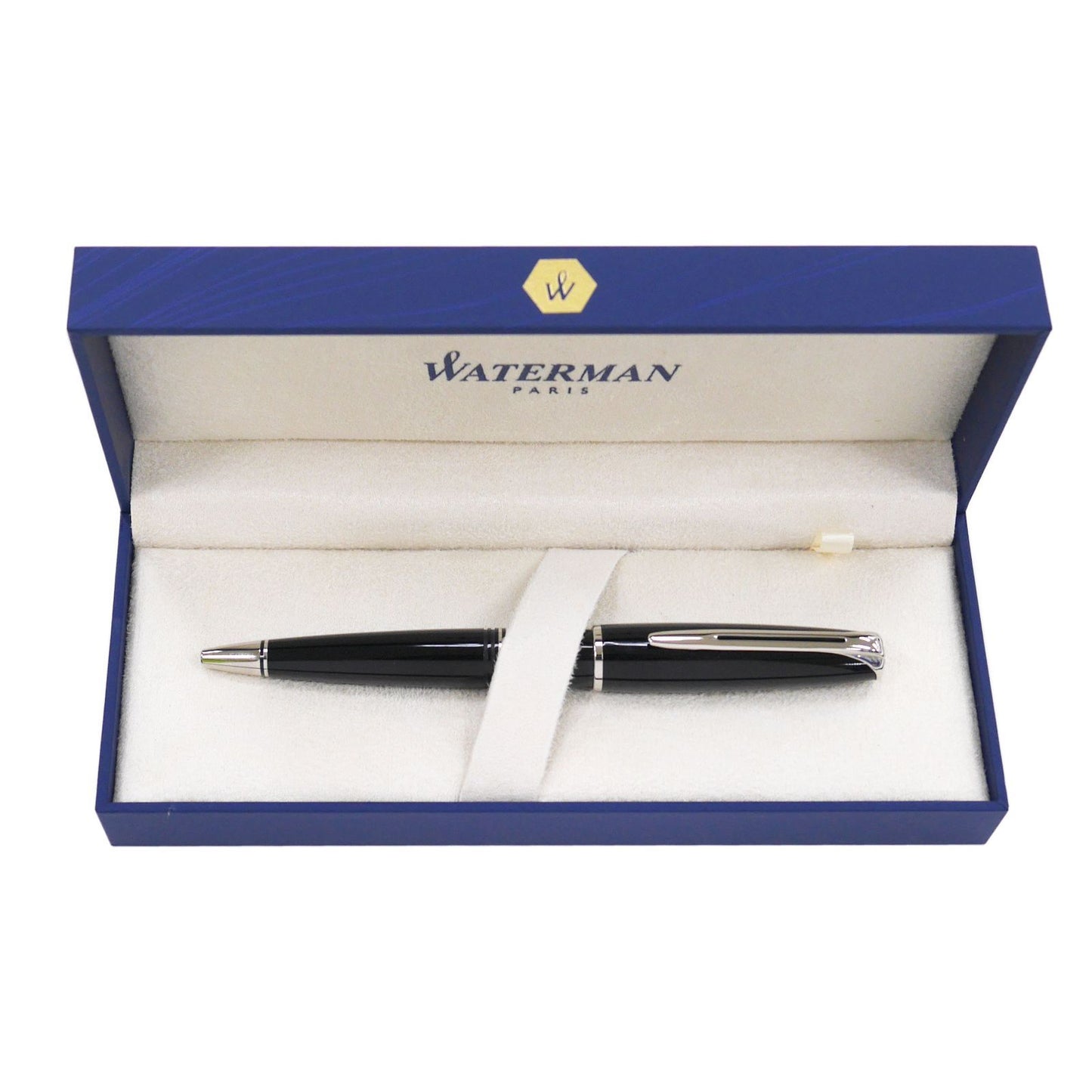 WATERMAN Charlston Ballpoint Pen in black ebonite with chrome trim, 137mm length, elegant design