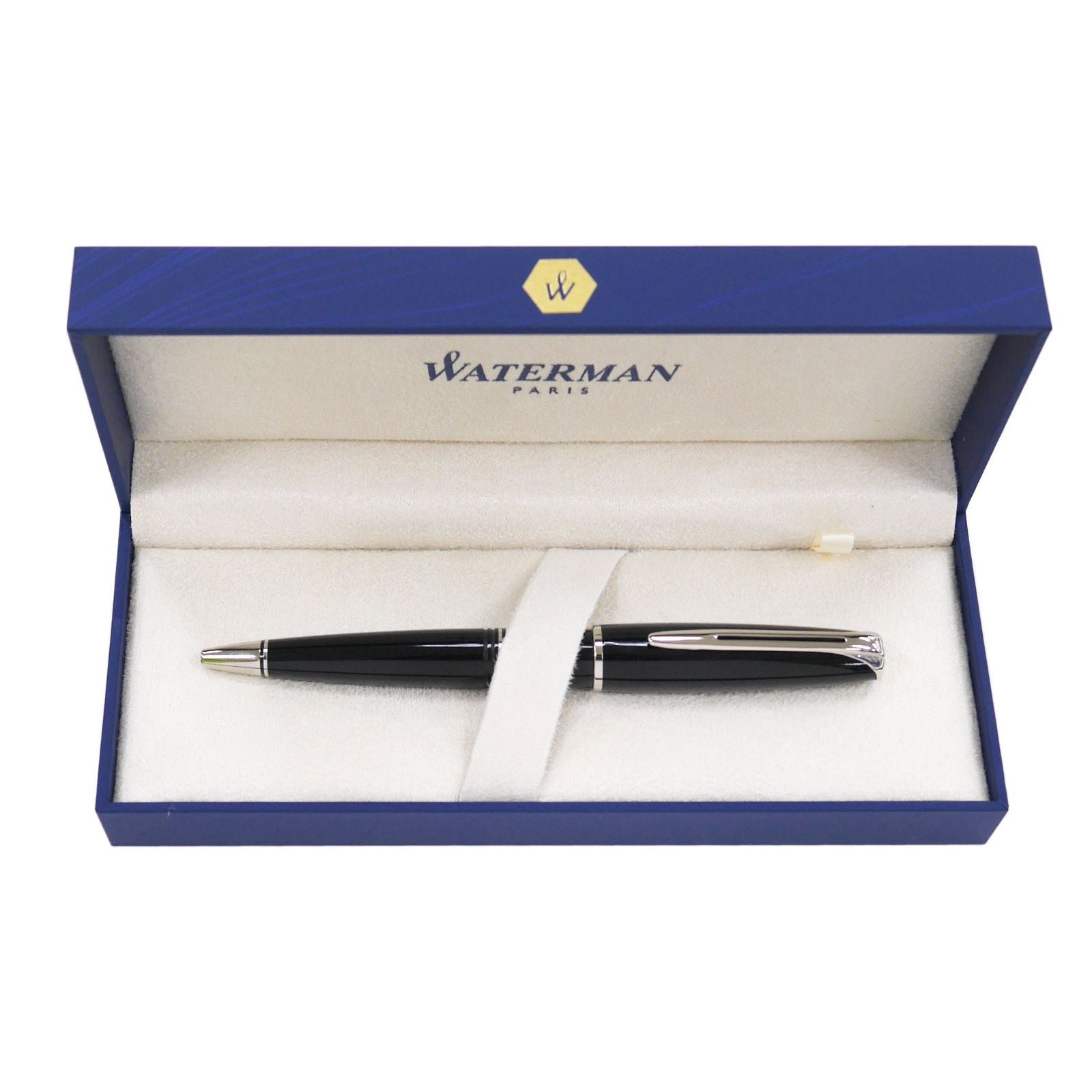 WATERMAN Charlston Ballpoint Pen in black ebonite with chrome trim, 137mm length, elegant design