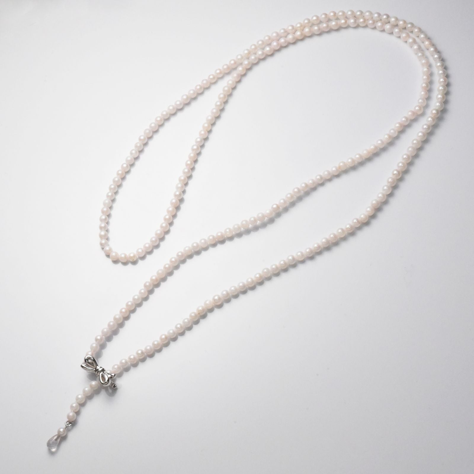 Akoya cultured pearl necklace 3.5-4mm with briolette rose quartz and ribbon clasp on an 80 cm strand