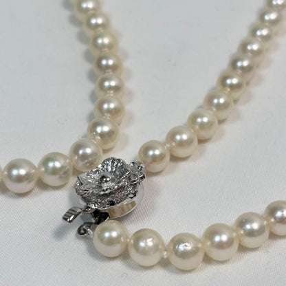 Akoya pearl long necklace with silver flower pendant, white pearls 6.5 to 7 mm, 82 cm length