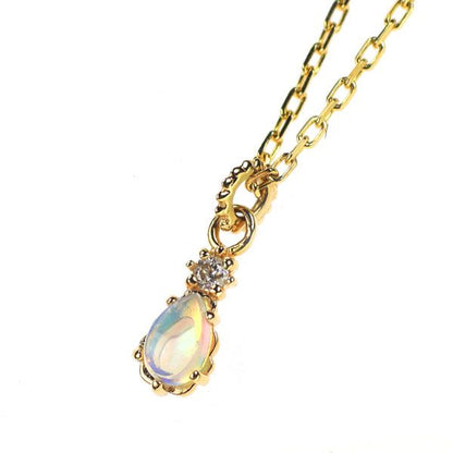 Agete K10YG opal and diamond pendant necklace with a 40 cm chain and small rectangular opal gemstone
