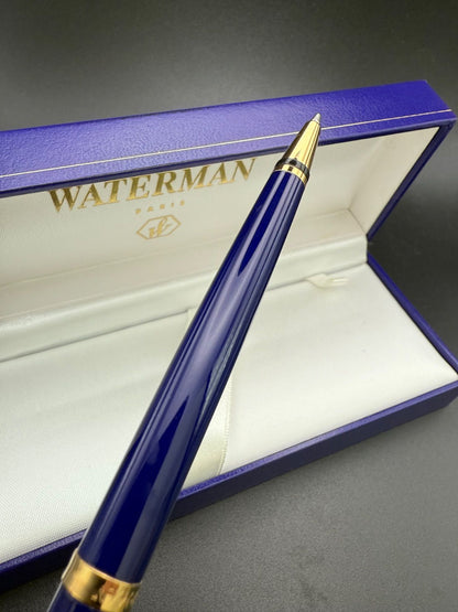 Waterman Preface ballpoint pen with blue romance design and hexagonal motif on cap, shown with case